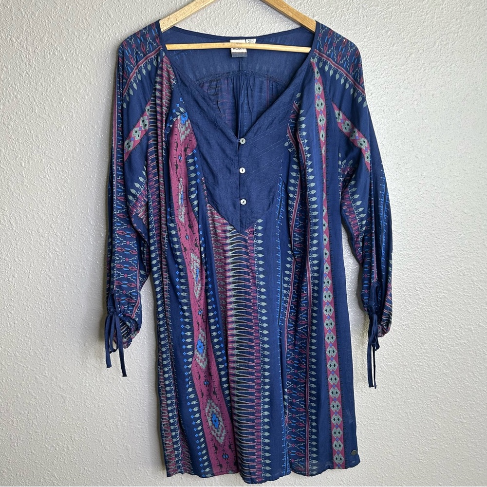 Roxy Navy Print Tunic Boho 3/4 Quarter Button Dress - Picture 2 of 10